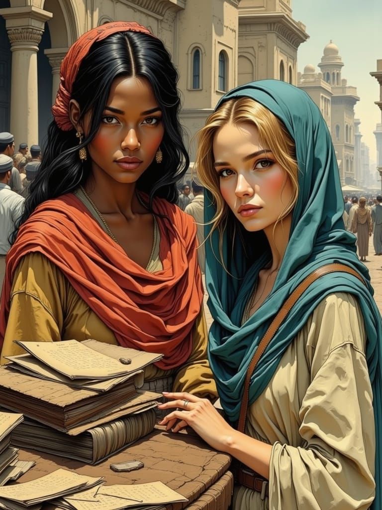 Two Women in a Bustling Middle Eastern Marketplace, Rendered...