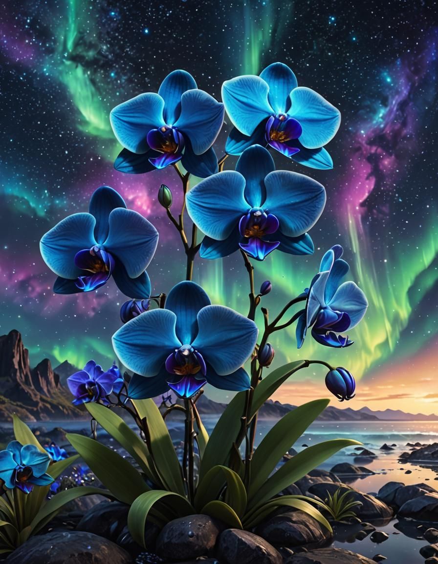 Vibrant Blue Orchid with Aurora Borealis Background