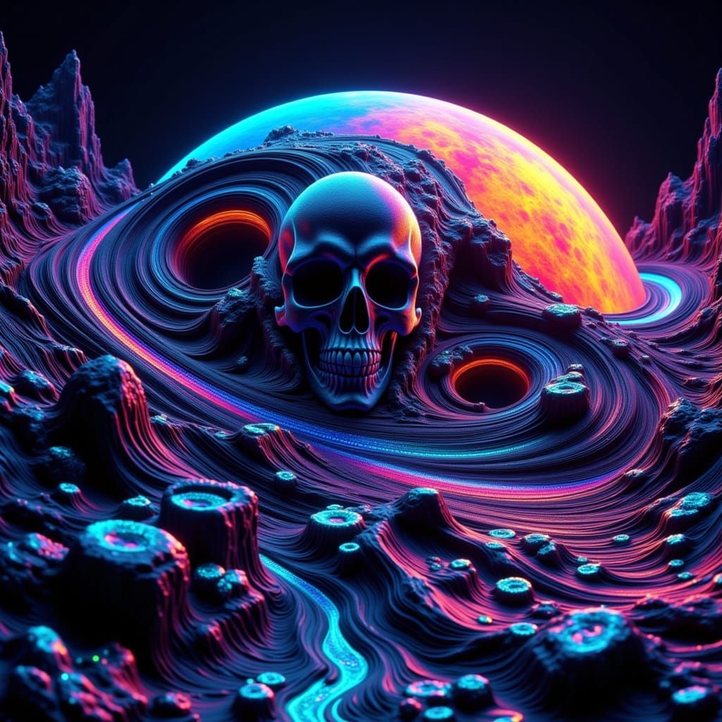 Skull Planet in Psychedelic Glitchcore Style
