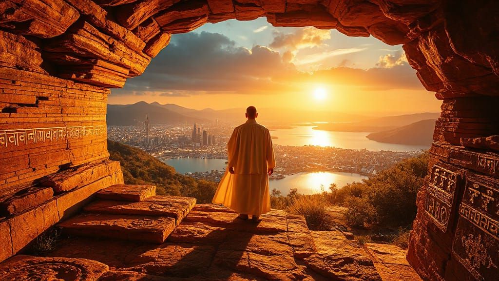 Priest Gazes Over Futuristic Cityscape from Ancient Steps