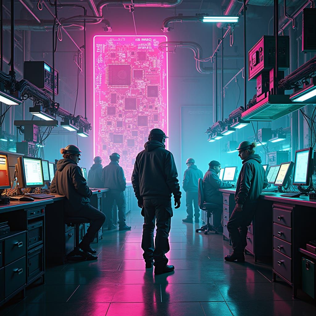 Electrical Engineers in Cyberpunk High-Tech Laboratory