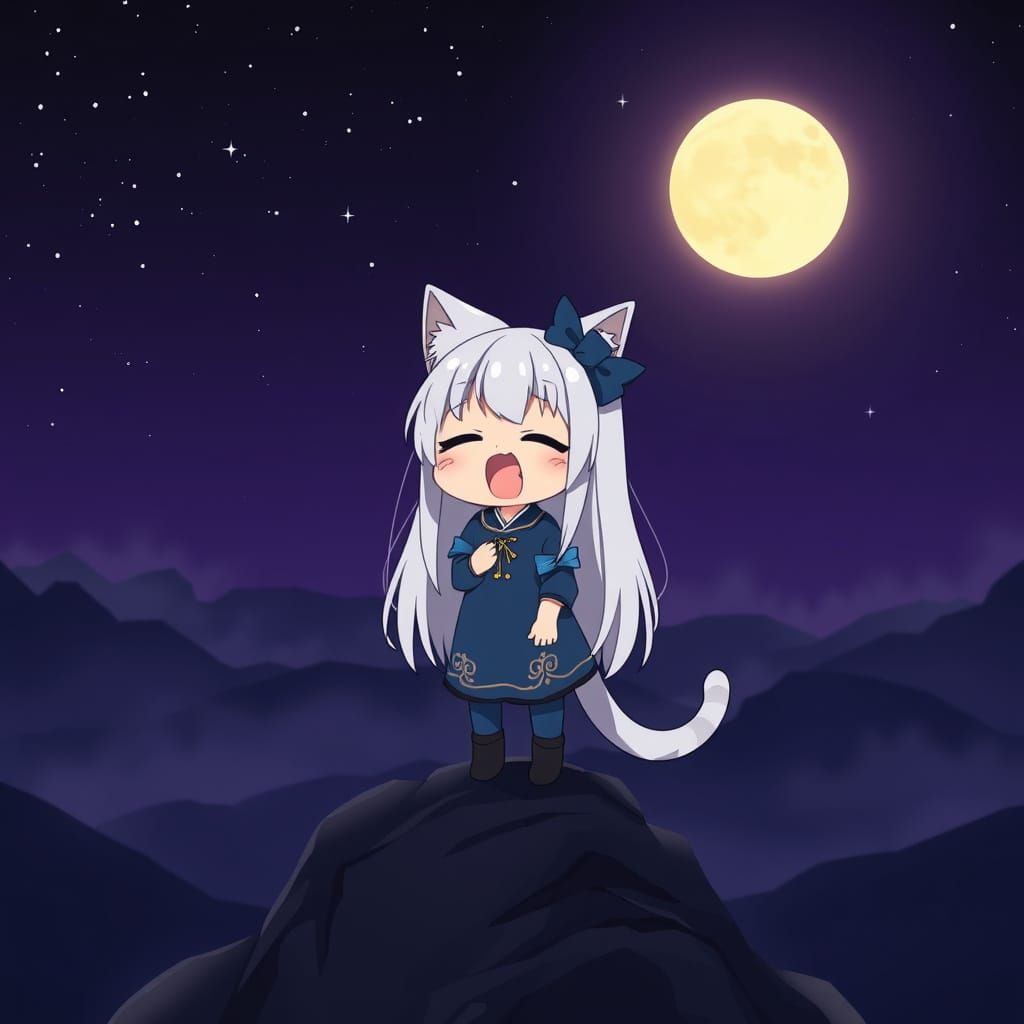 Adorable Anime Catgirl Shouts from Mountain Peak