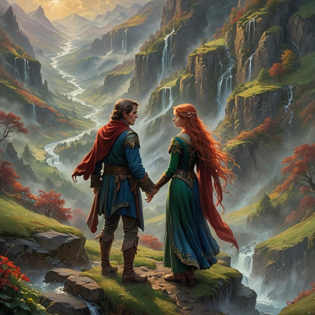 Golden-Skinned Elves Admiring Each Other in Valley