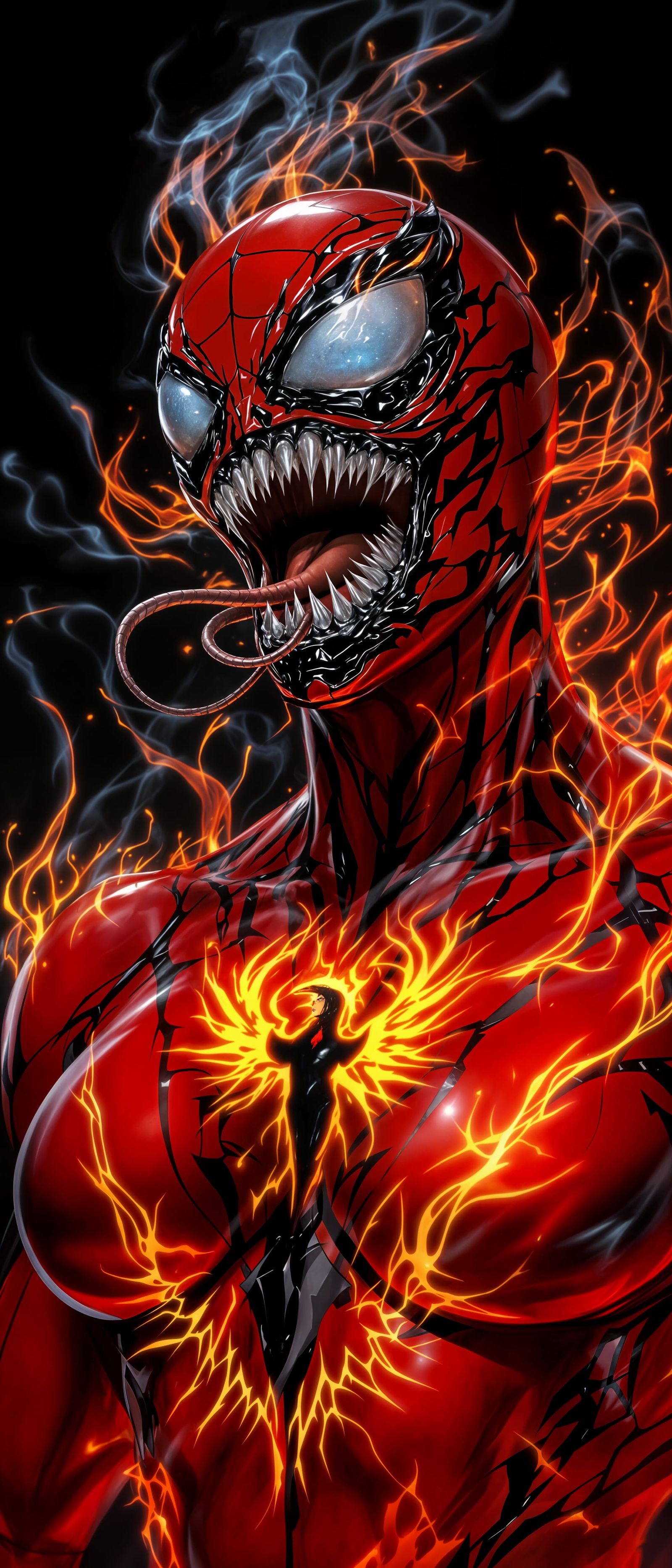 Cyberpunk Goddess with Blazing Phoenix Symbol