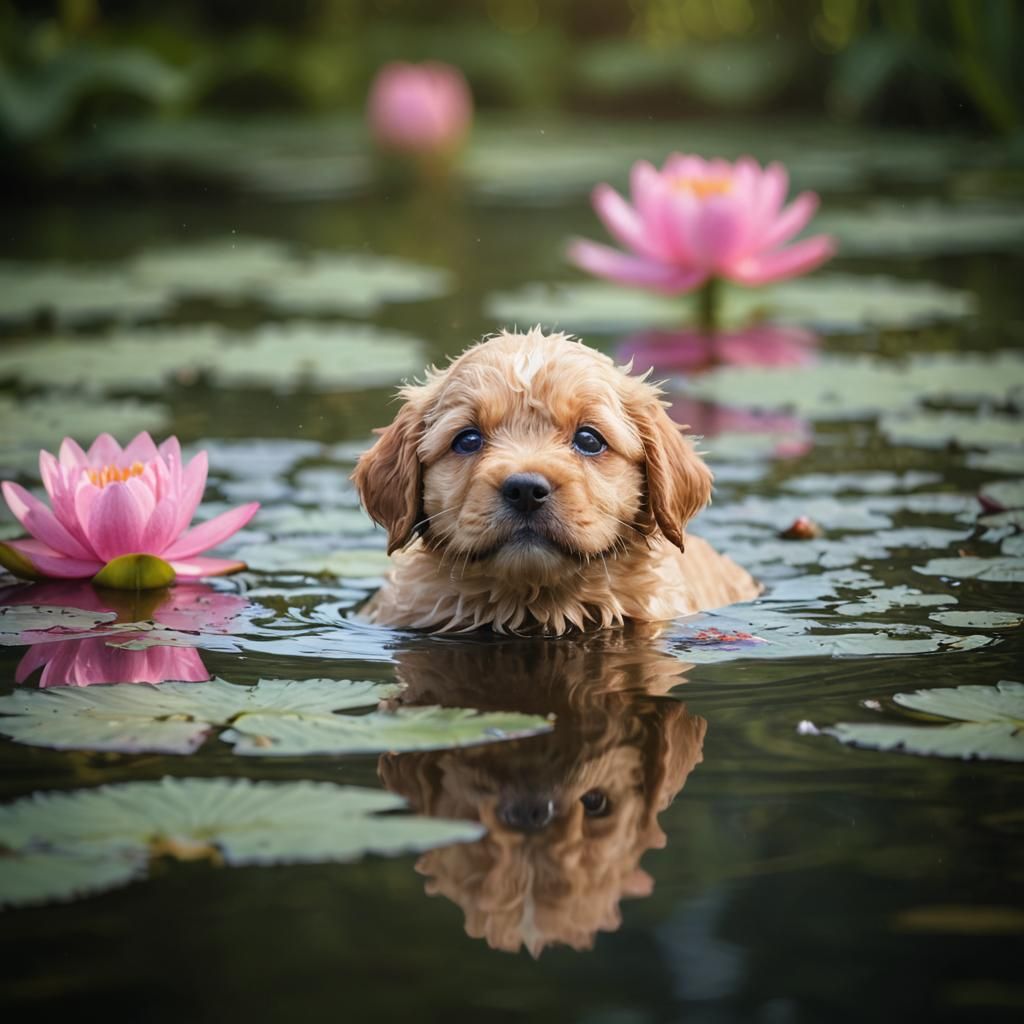 Adorable Puppy Swimming in Lily Pond Portrait
