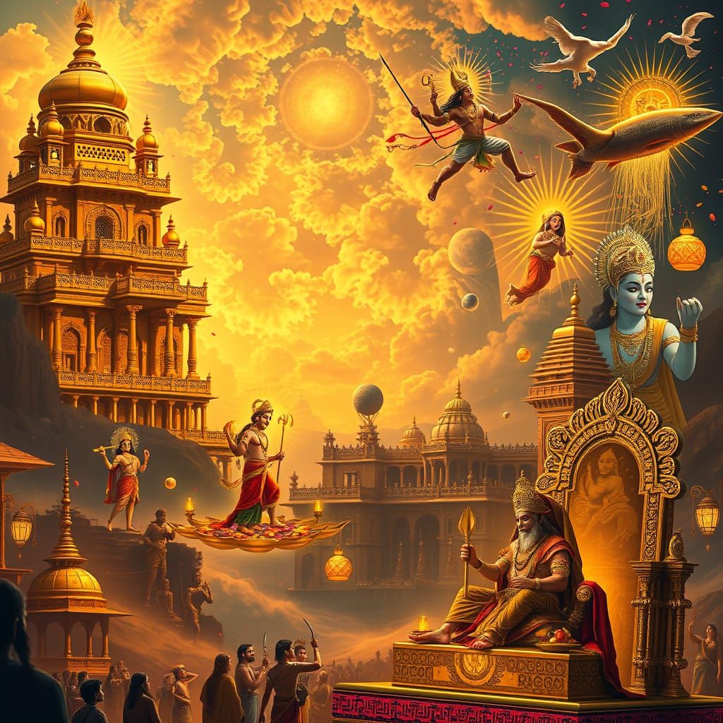 Epic Indian Mythological Landscape with Lord Ram and Ravan