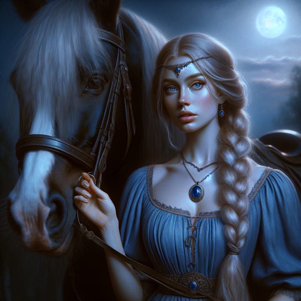 Ethereal Norse Goddess Rides Majestically Under Moonlight