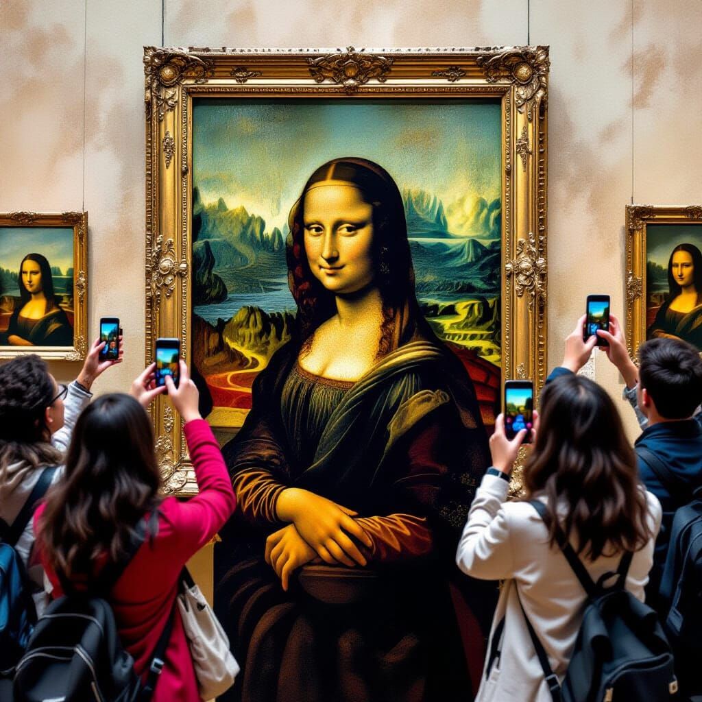 Tourists Photograph Mona Lisa in Gouache Painting Style