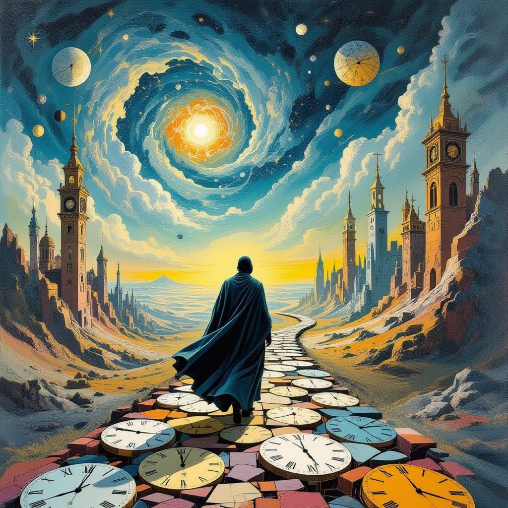 Surreal Dreamscape with Shattered Clocks and Escher Architec...