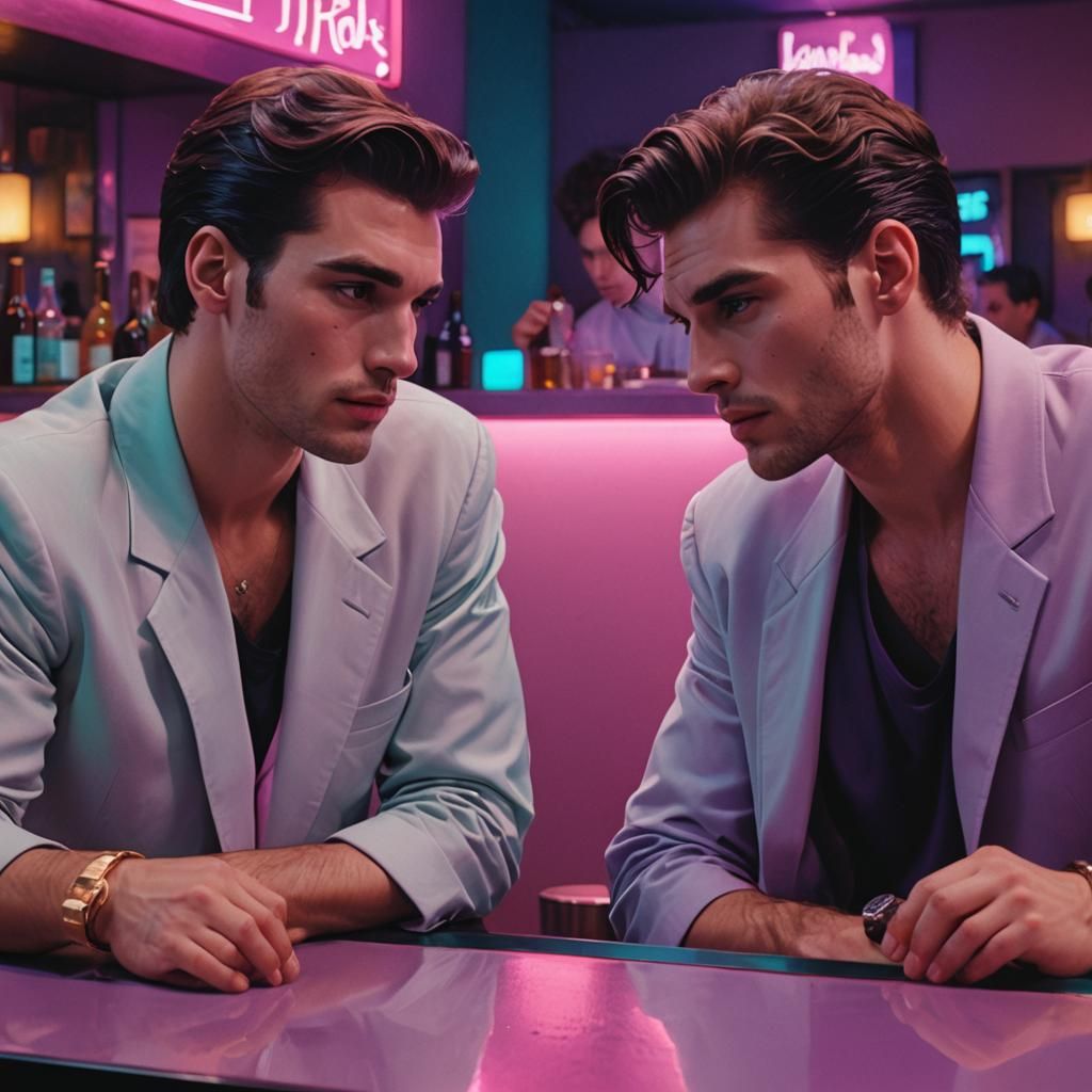 Two Men Gaze at Each Other in Pastel Colors