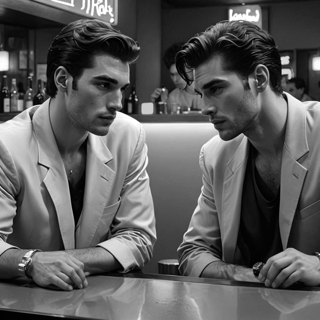 Gay Men's Budding Romance in Dramatic Lighting