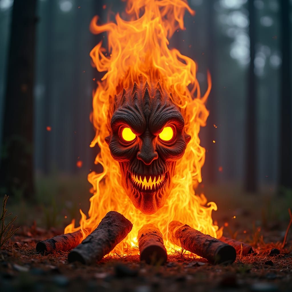 Fiery Face Emerges from Campfire, Hyperdetailed