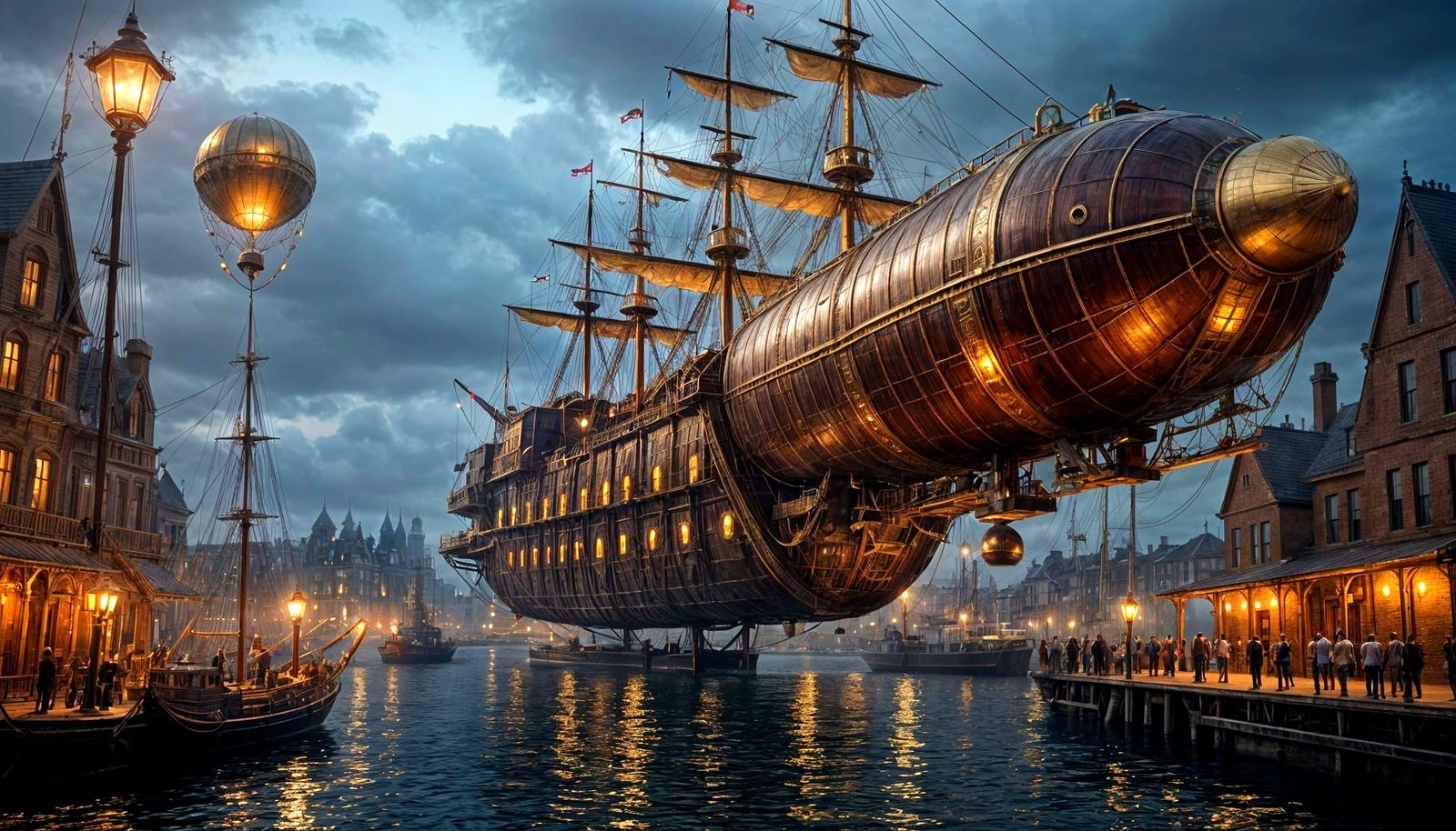 Steampunk Harbor Scene with Hybrid Airship