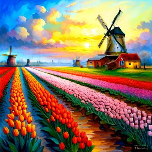 Ethereal Tulip Fields and Windmill in Holland