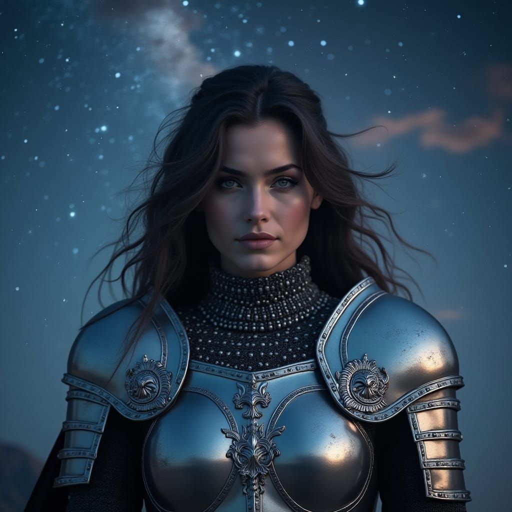 Regal Woman in Knight's Armor Under Starry Night Sky