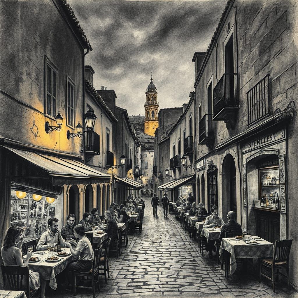 Spanish Night Scene: Charcoal Drawing of Seville Alley