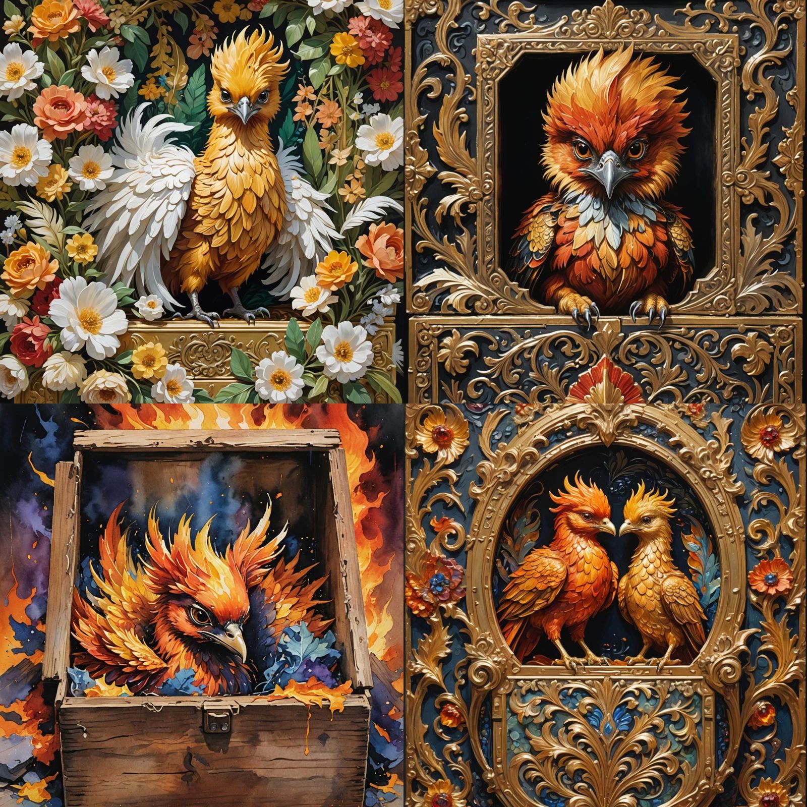 Baby Phoenix in Box: Gouache Watercolor Masterpiece