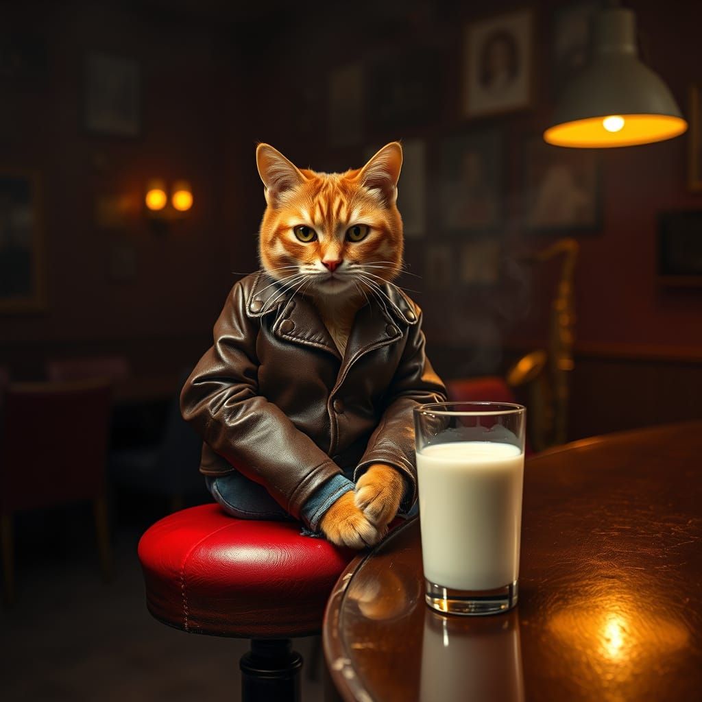 A ginger cat wearing a tiny leather jacket and denim jeans, sitting jauntily on a bar stool in a dimly lit jazz club, a ...