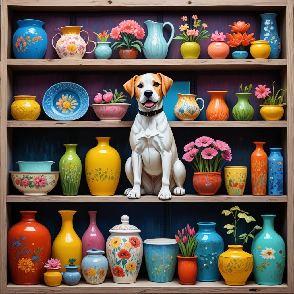 Maximalist Masterpiece of Dogs Amongst Floral Pottery