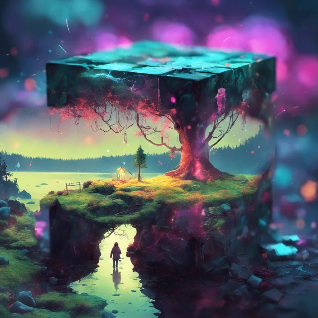 Surreal Snowy Landscape Inside a Cube