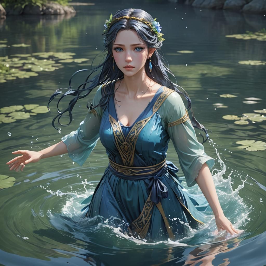 Water Spirit Confronts Girl: 3D Anime Art