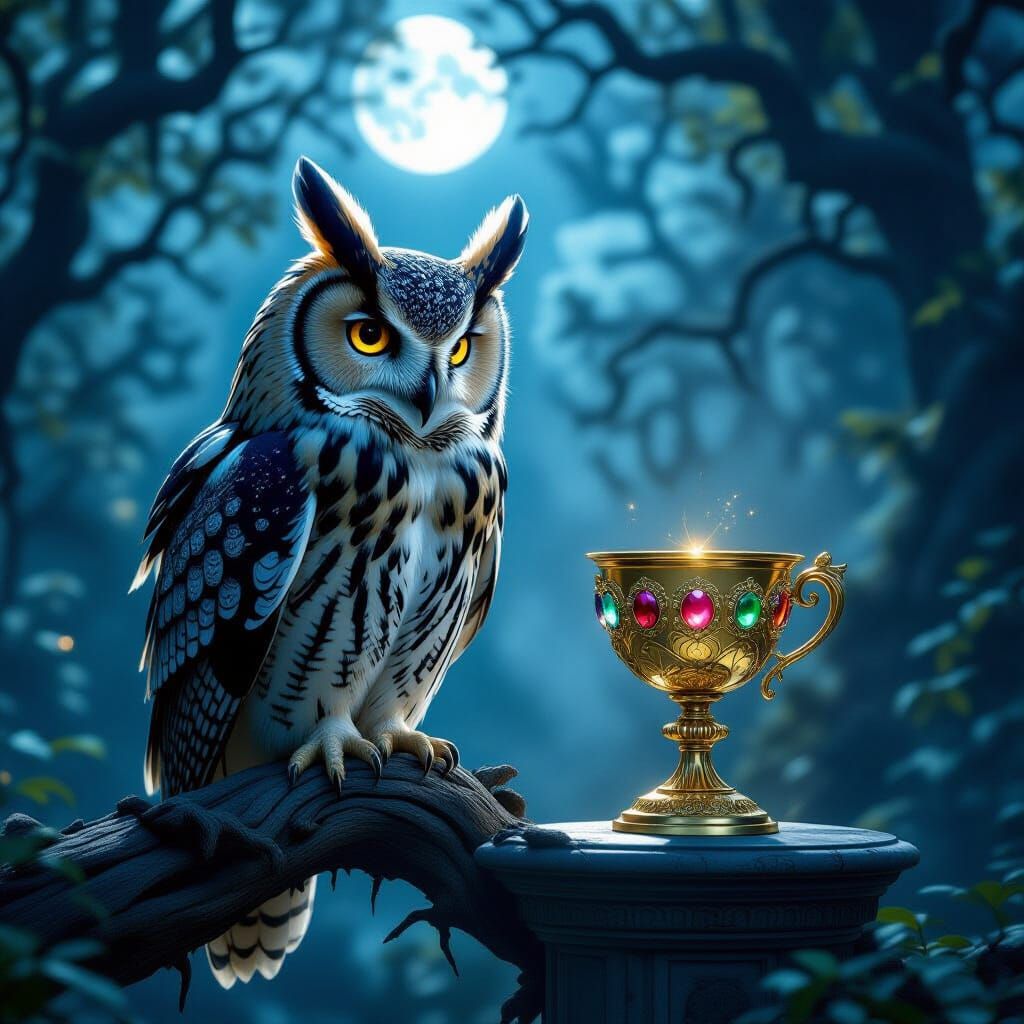 Ancient Owl Guards Gemmed Goblet in Moonlit Forest