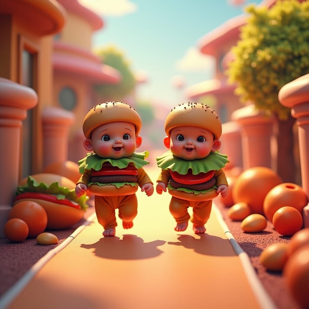 Babies in Burger Outfits on a Glowing Runway