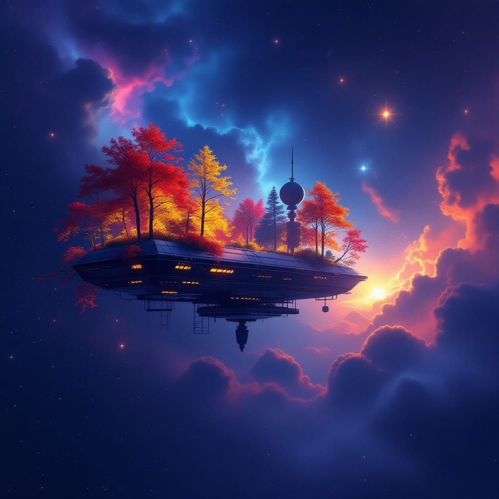 Cosmic Autumn Forest Space Station in Hyperrealistic Style