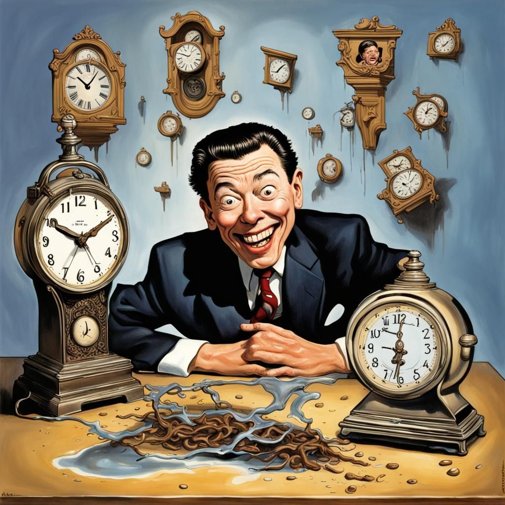 Surreal Melting Clocks with Grinning Figure