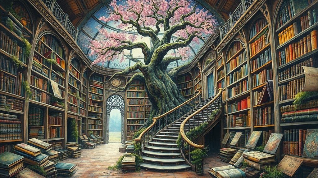 Enchanted Library in a Winter Wonderland, Mixed Media Surrea...