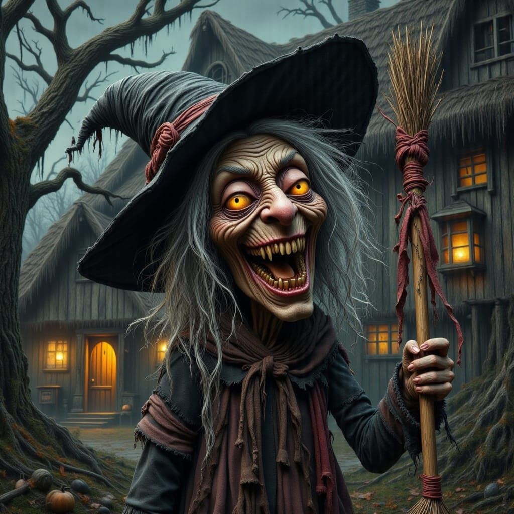 Grotesque Witch Doll in Ancient Woodland Setting