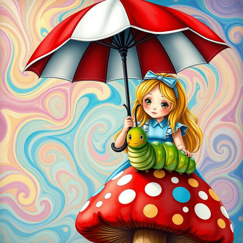 Whimsical Wonderland Scene with Alice and a Serene Caterpill...