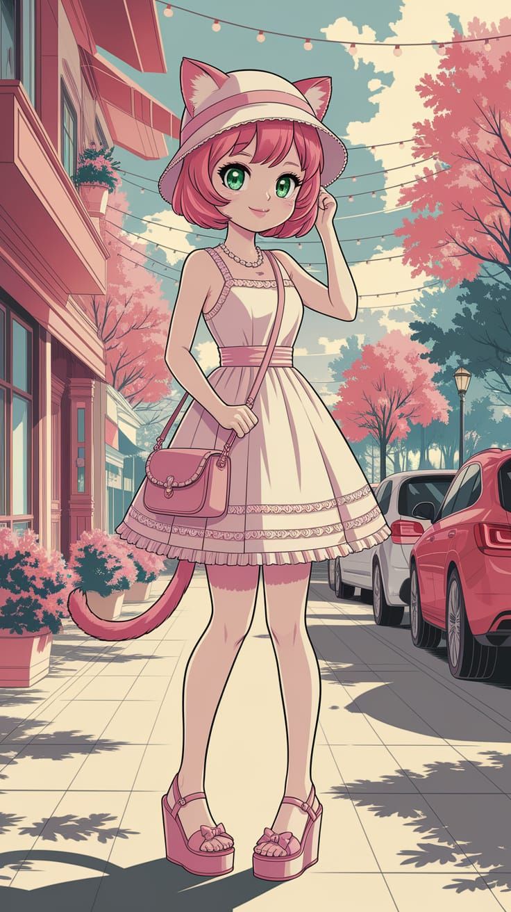 Cat Woman in Cottage Core Fashion, Anime Style