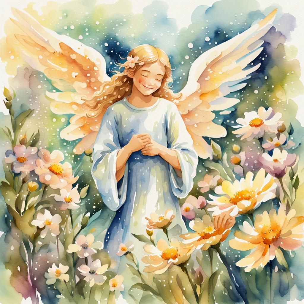 Smiling Angel in Flower Garden as Watercolor Art