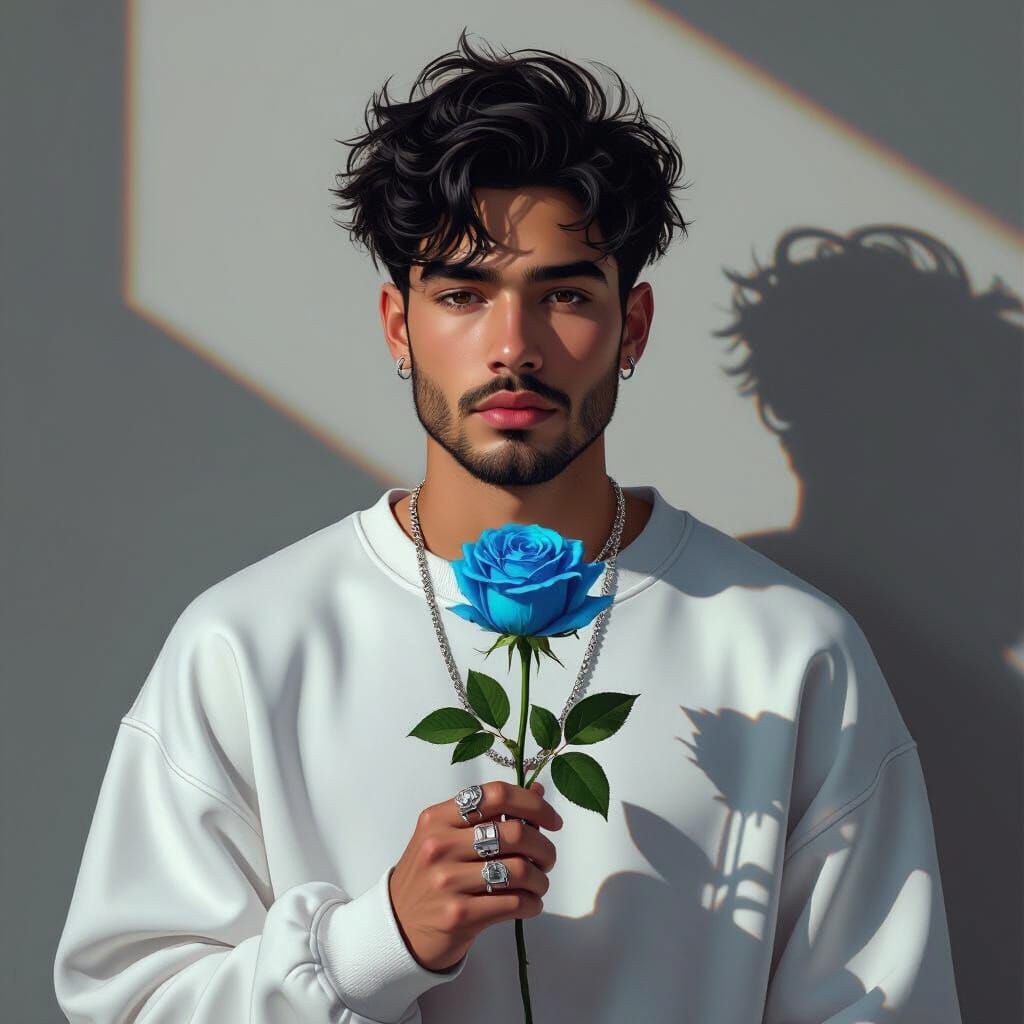 Glitch Art Portrait of Man with Rose in Digital Painting