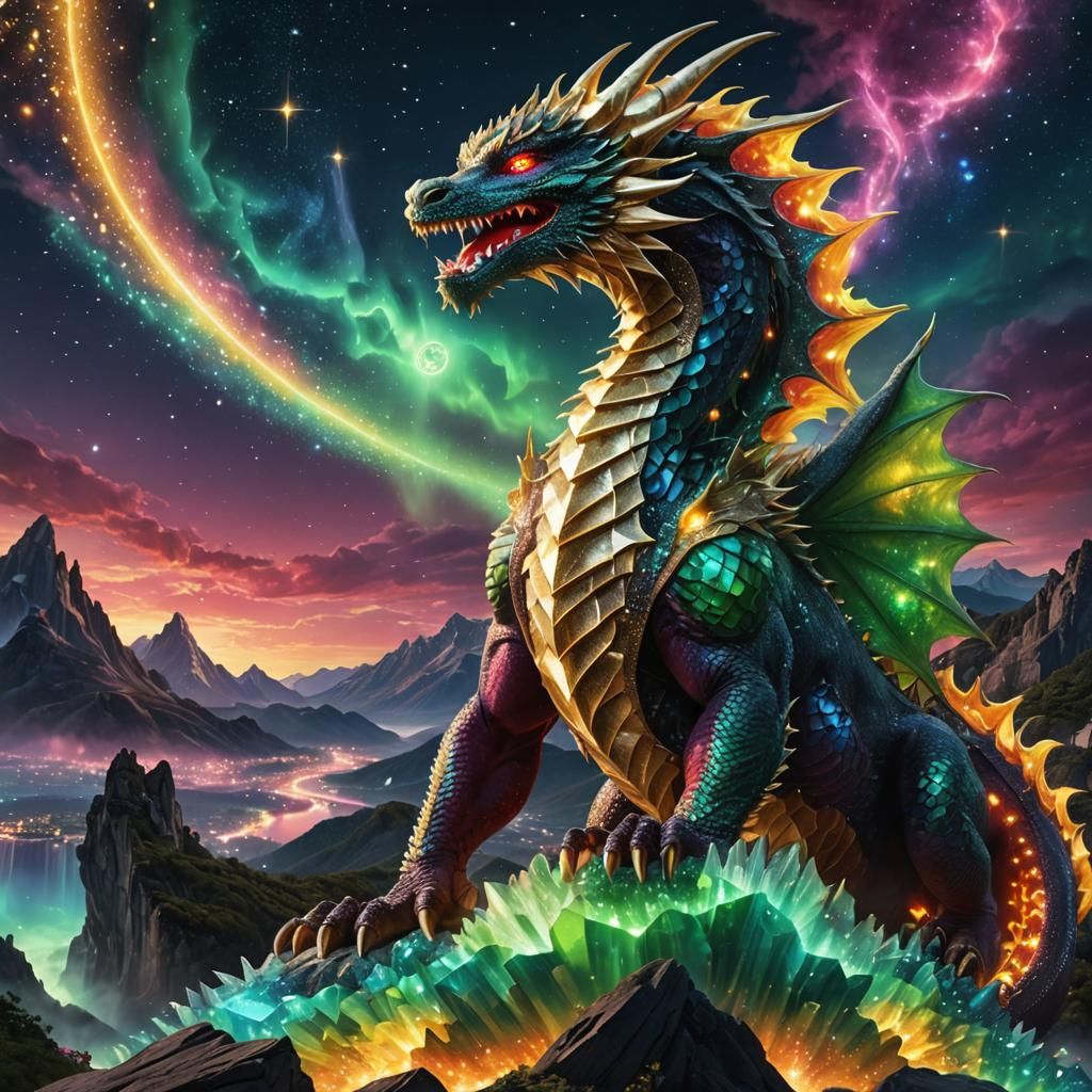 sparkling diamond dragon; magic moon cliff sky background; city lights; magic particles, power surge, large  fibonacci f...