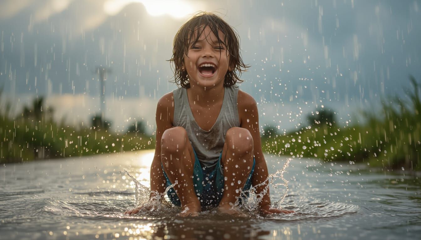 Laughing Child in Rain: Vibrant Realism