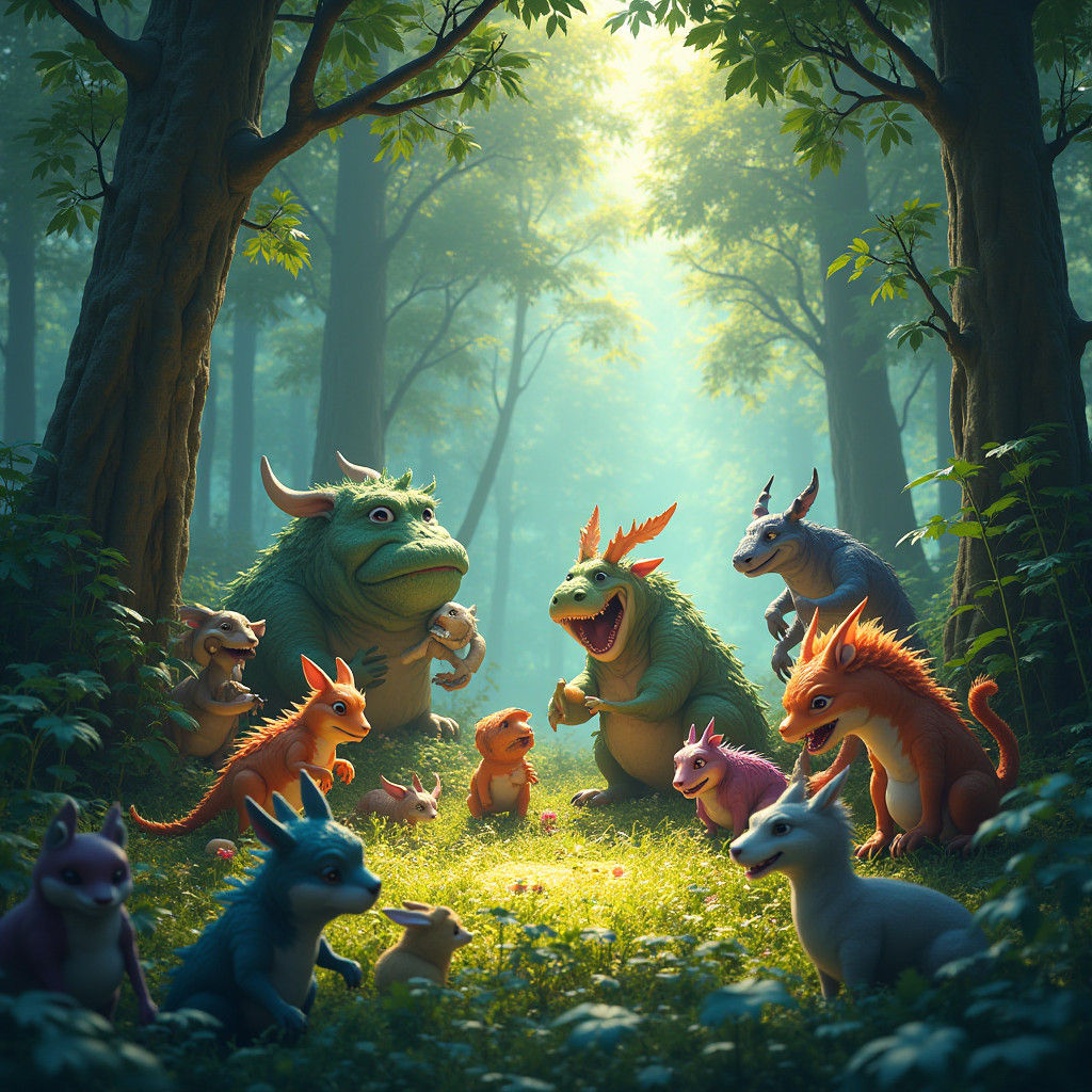 Fantastical Creatures Feast in Lush Forest Glade