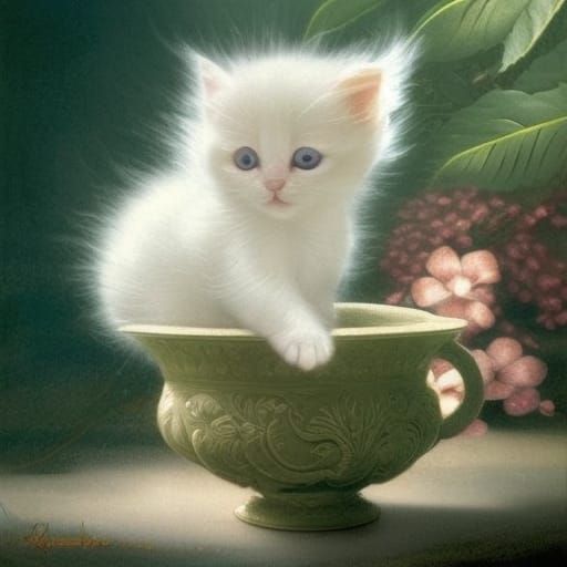 White Kitten in Cup, Renaissance Art Style