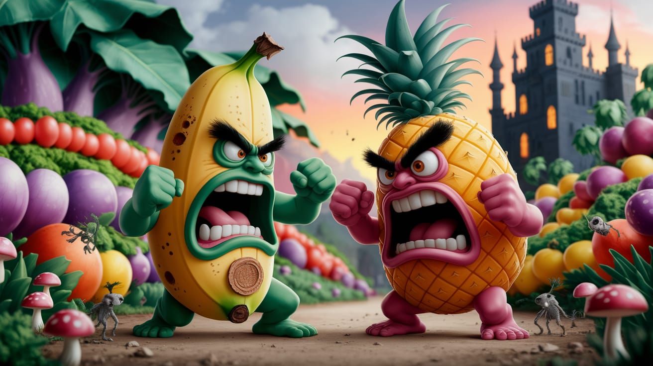 Fantasy Fruits Engage in Epic Battle in Vibrant Garden