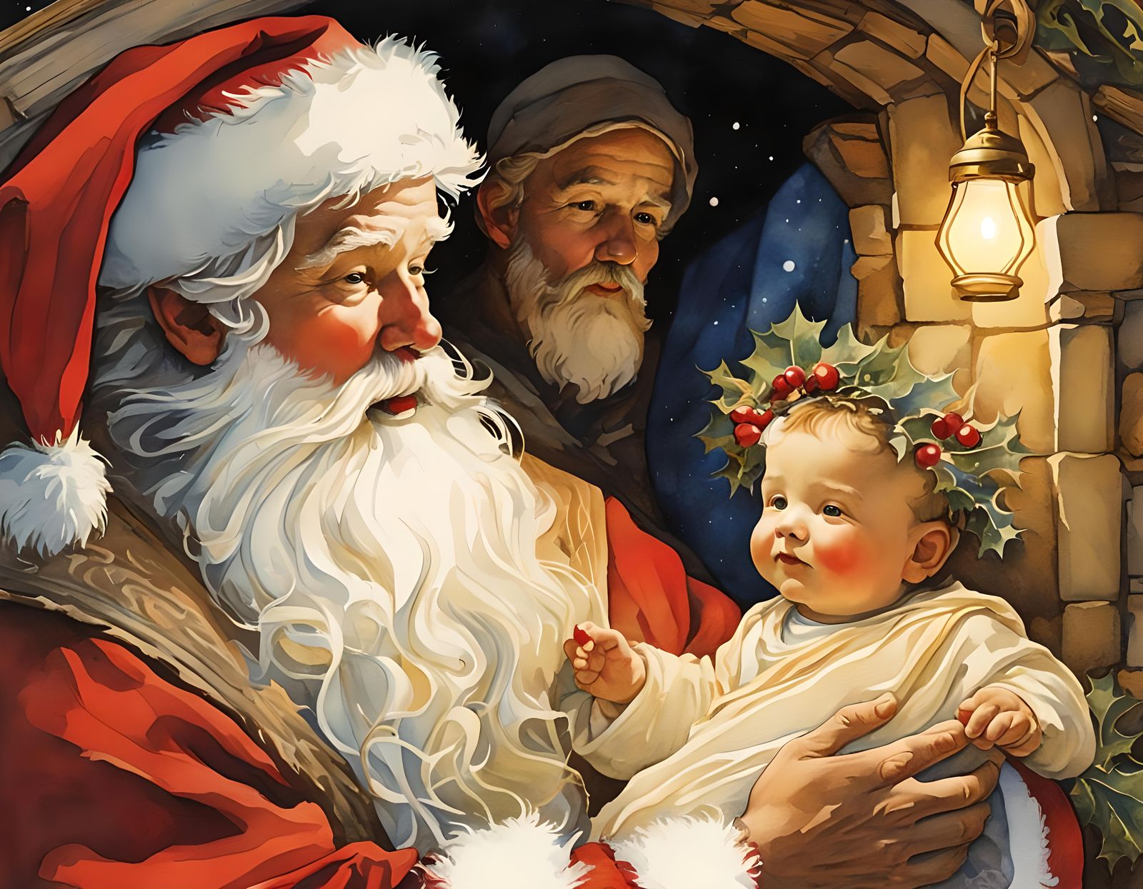 close-up :: brightly colored watercolor :: elegant art nouveau Santa Claus :: baby Jesus in a manger in Bethlehem