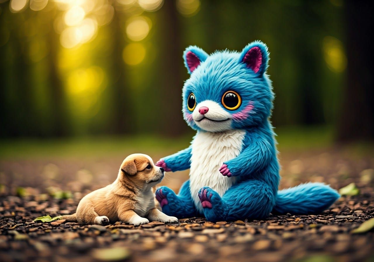 Cute Patchwork Plush Creature Plays with Puppy