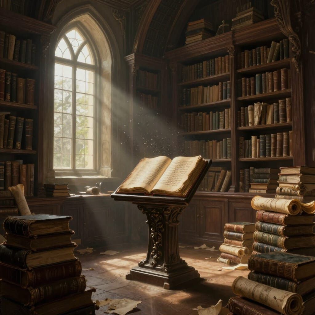 Ancient Library Bathed In Sunlight, Epic Fantasy Art