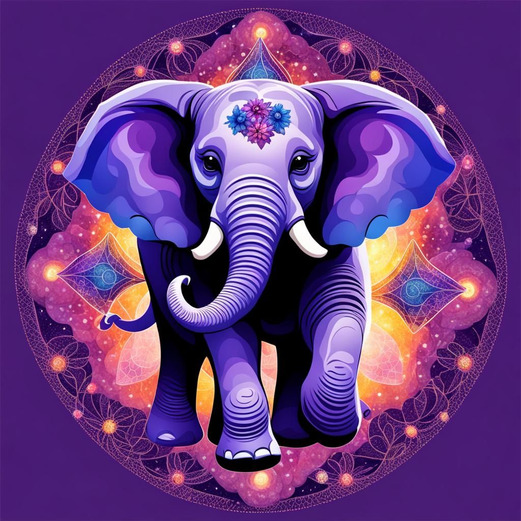 Purple Elephant in Fractal Universe, Pointillism Style