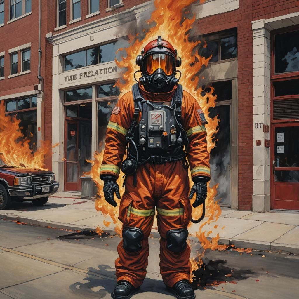 Fiery Firefighter in Sinister Digital Art Style
