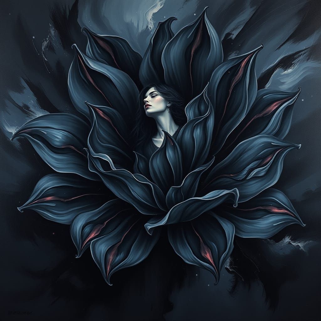Ethereal Woman Emerges from Black Petals Oil Painting
