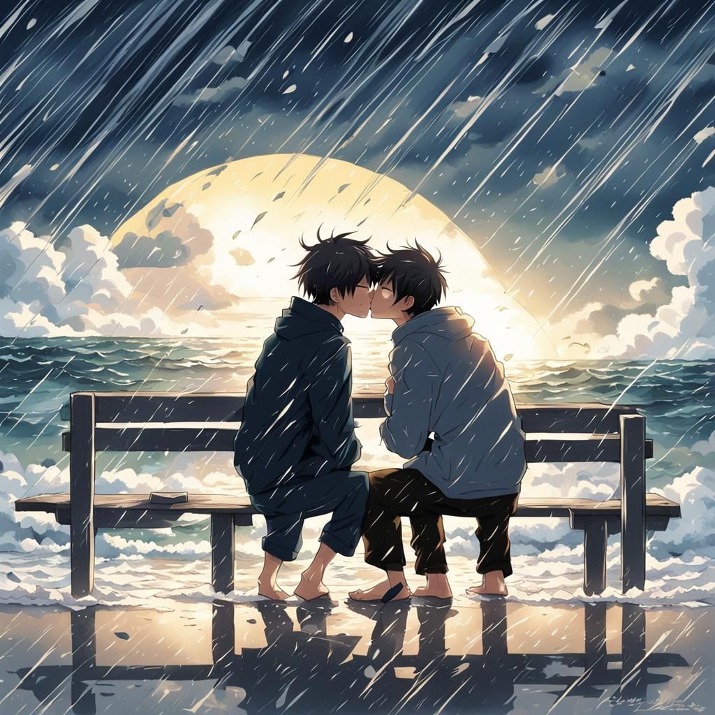 Men Kissing on Rainy Beach in Anime Style