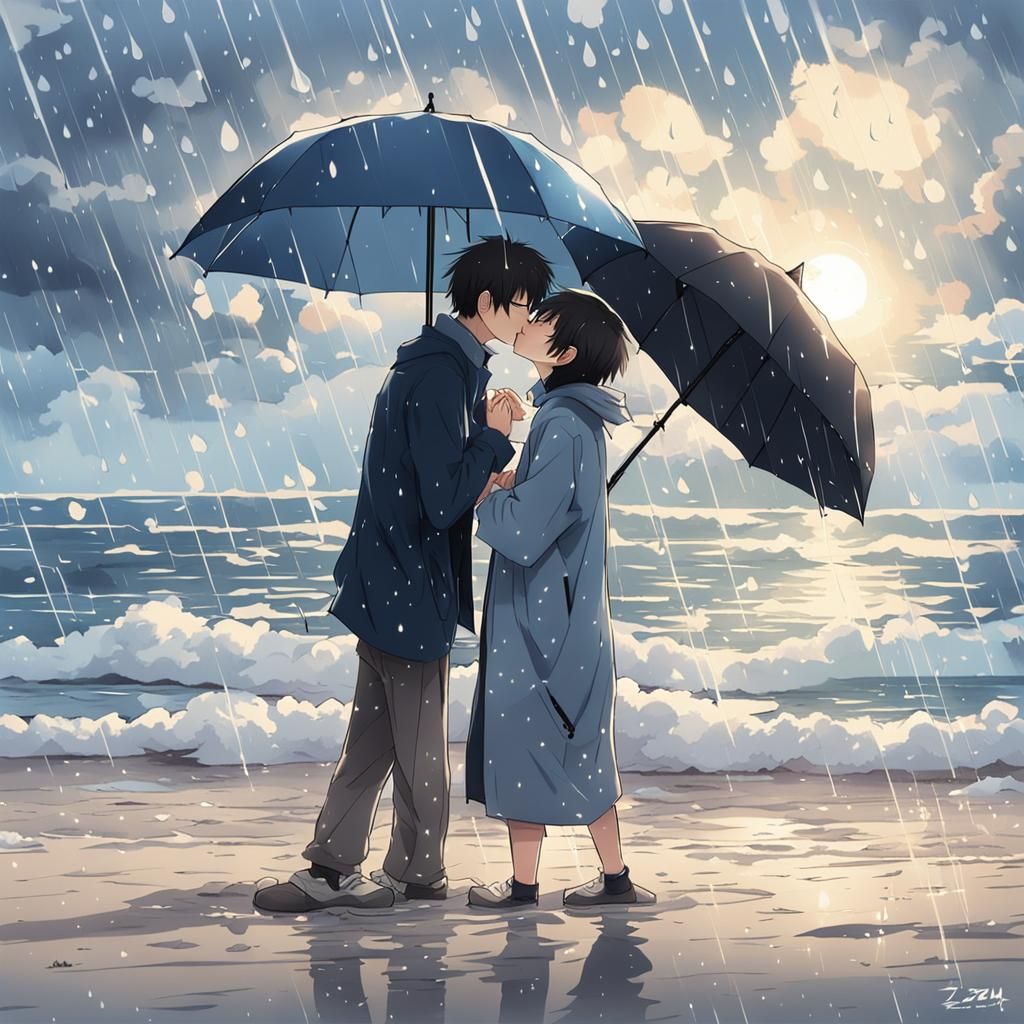 Romantic Beach Kiss in Anime Style