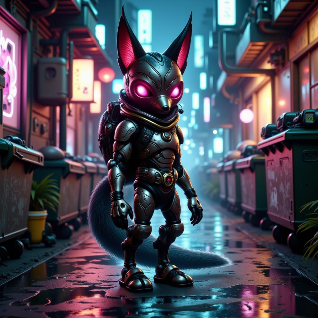 Robotic Fox in Samurai Mask in Cyberpunk Alley