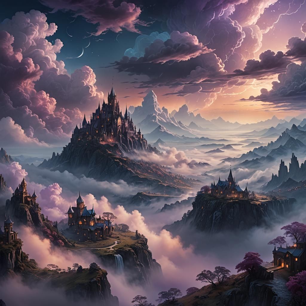 Mystical World Under Cloud Cover in Ethereal Lighting